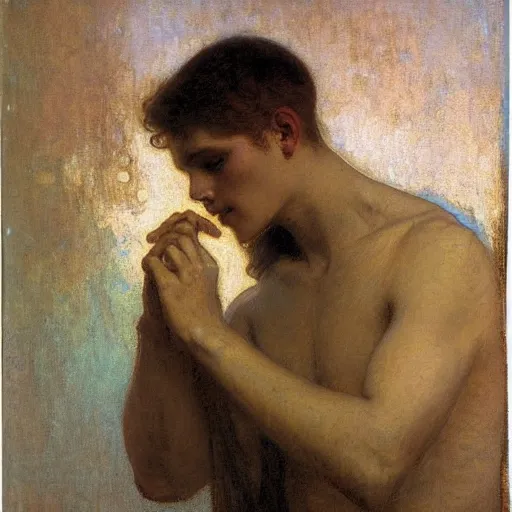 Prompt: eloquent haunted young man head in hands against bright background, oil painting, gaston bussiere, mucha, gerome,