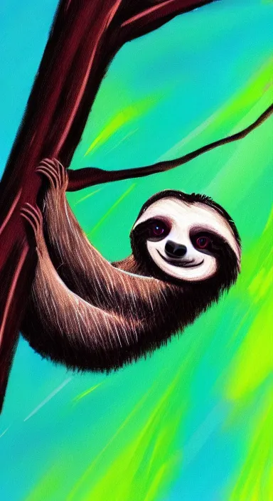 Image similar to very dark background, a cute sloth hanging on a tree, made of bright colored thick flowing dramatic brush strokes, matte colors, impressionist, trending on artstation