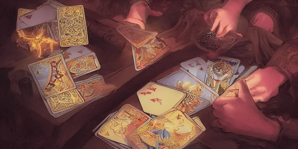 Image similar to wizard shuffling cards, tarot cards, fantasy, digital art, soft lighting, concept art, 8 k