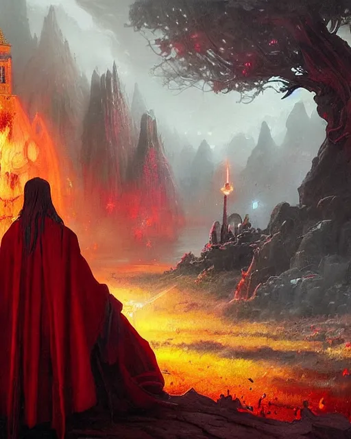 Image similar to a fantasy painting with a wizard in red robes in the foreground of a surreal environment by greg rutkowski and michael whelan