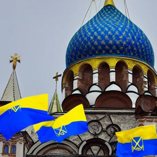 Prompt: A photo of Kremlin captured by Ukrainians with Ukrainian flags on top