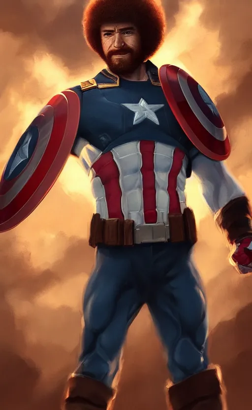 Image similar to bob ross as captain america, dynamic lighting, cinematic, ultra detailed, trending on art station, stunning visuals, creative, fantasy concept art