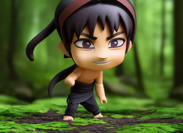 Prompt: zen ninja as nendoroid walking in a forest in the croods movie style, anime, disney, pixar, 8 k, hd, dof, kodak film, volumetric lighting, subsurface scattering, photorealistic, octane render, details