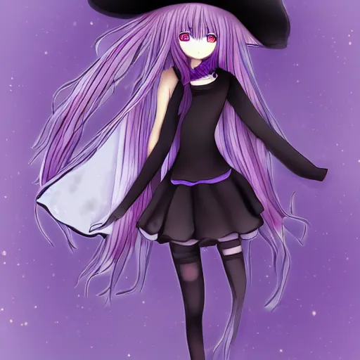 Prompt: Beautiful Digital illustration of long purple haired anime girl with black clothes and enderman hat