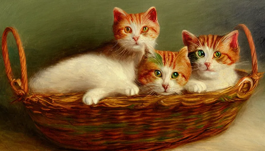 Image similar to highly detailed painting of green and red furry cats cuddling in a basket by william turner, thick brush strokes and visible paint layers, 4 k resolution