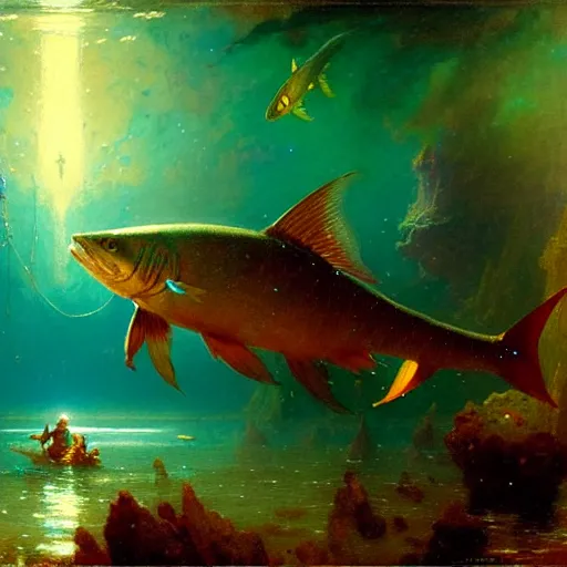 Image similar to i am at the bottom of the ocean looking up, see fishes swimming, the milk way up above, night time, midnight. highly detailed painting by gaston bussiere, greg rutkowski 8 k