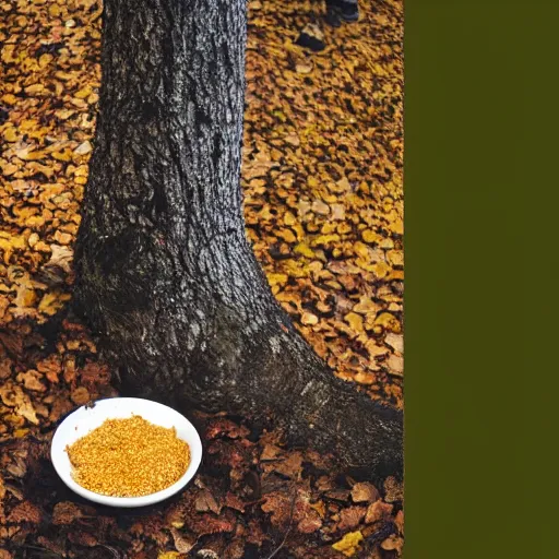 Image similar to a distant photo of a bowl of cereal on a forest floor in autumn while a shadowy man hides behind a tree