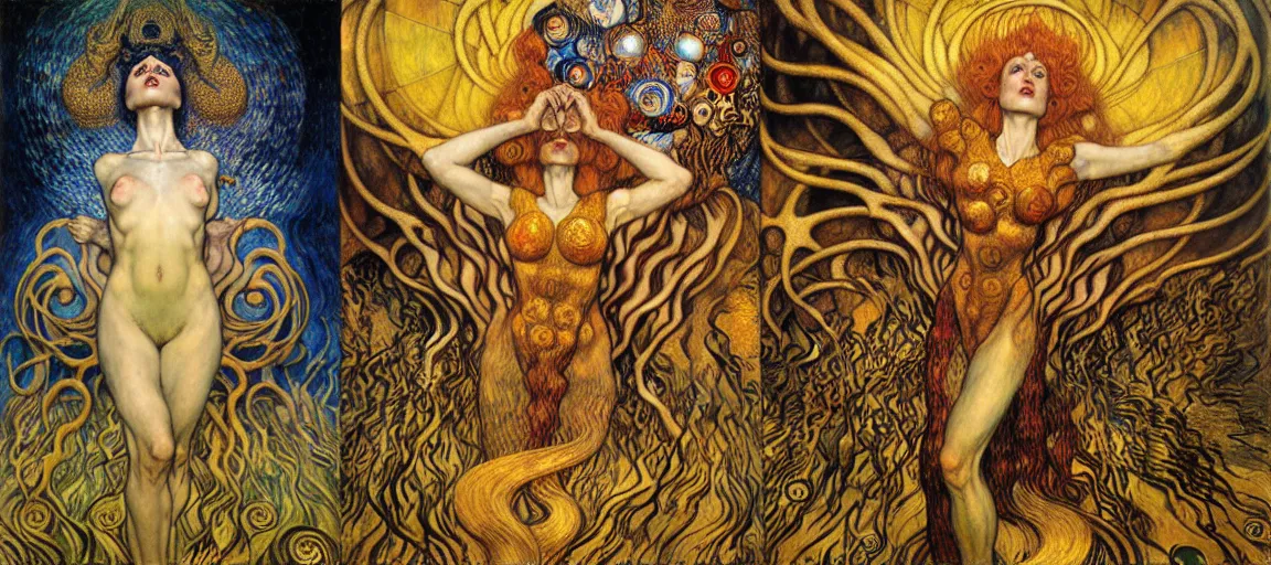 Image similar to Divine Chaos Engine by Karol Bak, Jean Delville, William Blake, Gustav Klimt, and Vincent Van Gogh, symbolist, visionary