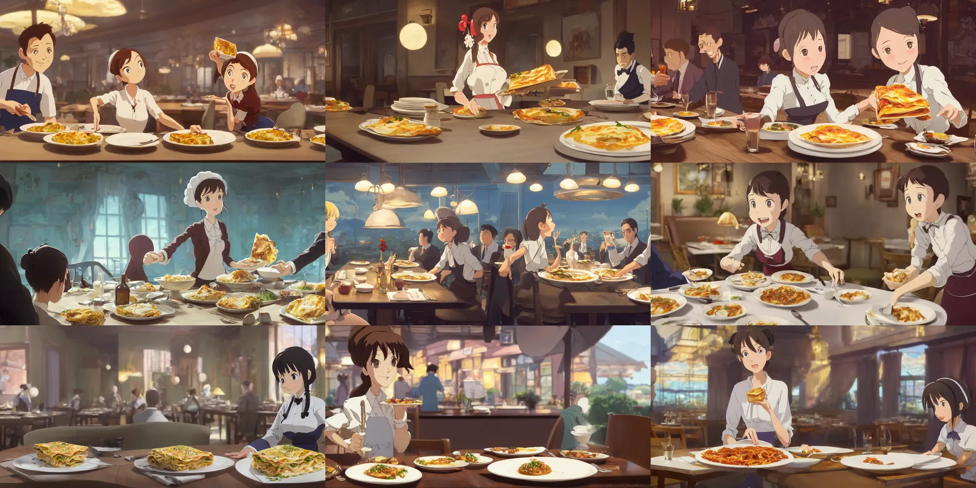 Prompt: a wholesome animation key shot of a single fashionable waitress delivering a plate of delicious lasagna to the table of businessmen at a high end restaurant, close up shot, studio Ghibli, Pixar and Disney animation, sharp, Rendered in Unreal Engine 5, anime key art by Greg Rutkowski, Bloom, dramatic lighting