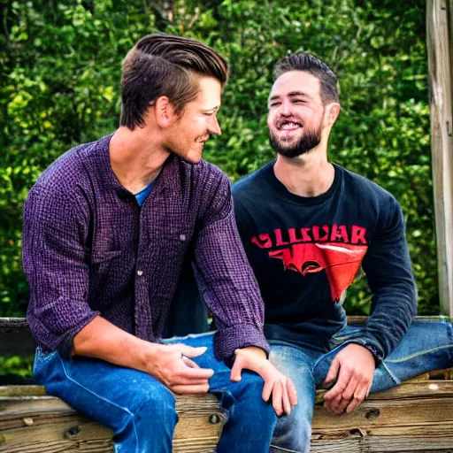 Prompt: a candid photo of a very handsome muscular young farm hand, sitting on a fence with his guy friend. telling him that he is in love with him.