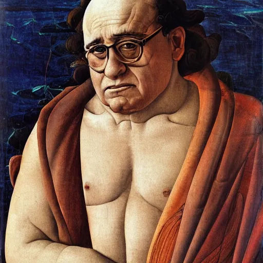 Prompt: Danny Devito standing on a giant clamshell, painting by Sandro Botticelli, detailed, 4k