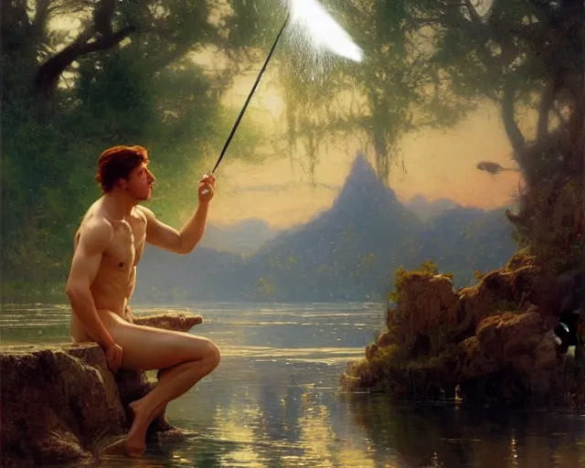 Image similar to attractive male wizard casting water spell in a beautiful lake. highly detailed painting by gaston bussiere, craig mullins, j. c. leyendecker 8 k