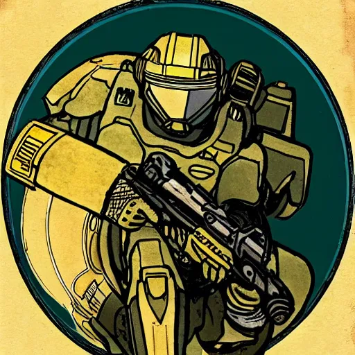 Prompt: art nouveau master chief in the style of norman rockwell