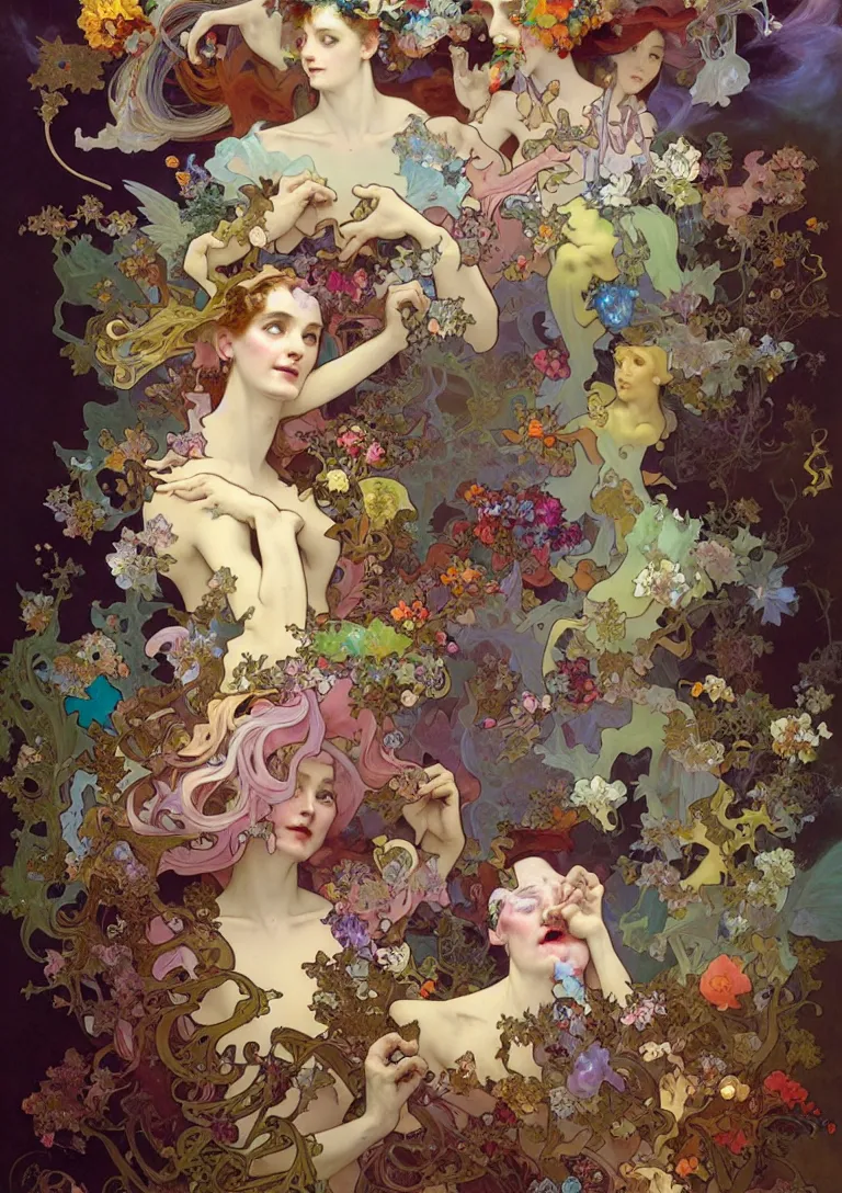 Image similar to baroque oil painting portrait of the colorful and playful fairy garden full of ghosts, by peter mohrbacher, alphonse mucha, brian froud, yoshitaka amano, kim keever, victo ngai, james jean