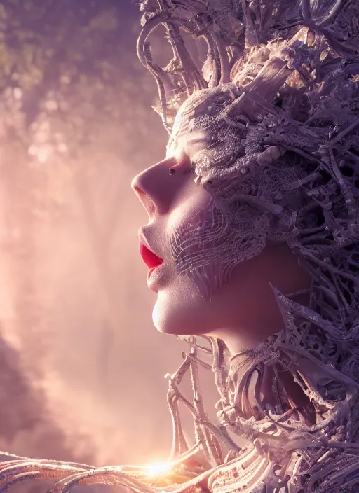 Image similar to beauteous sumptuous biomechanical incredible hair, crystalline masterpiece incrustations, hyperdetailed face, elegant pose, movie still, intricate, octane render, cinematic forest lighting, cgsociety, unreal engine, crepuscular rays, god rays