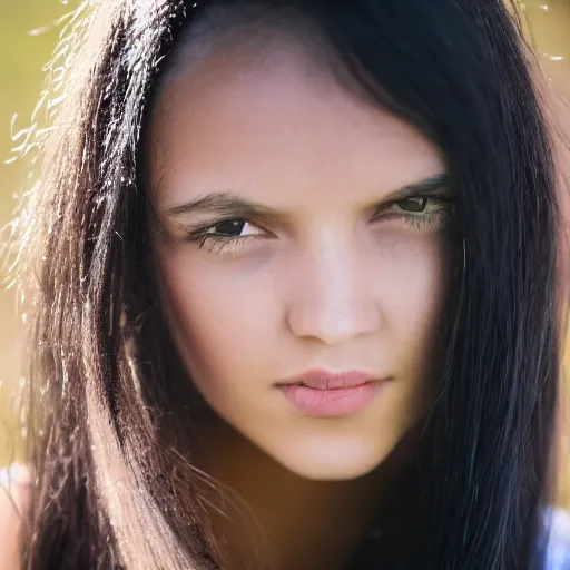 Image similar to young woman with messy long black hair, 1 3 5 mm nikon portrait