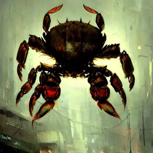 Image similar to terrifying cybernetic crab painted by Jeremy Mann. Trending on artstation and pixiv