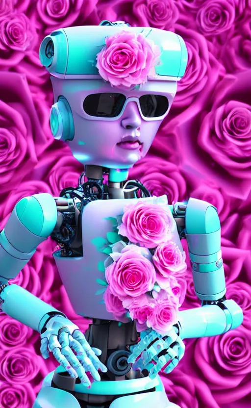 Image similar to detailed vaporwave pastel female robot covered in roses, 3d, digital art, 4k