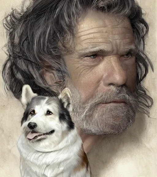 Image similar to full portrait of a old, ruggedly handsome bearded man petting a corgi dog, soft hair, muscular, half body, cloth, d & d, fantasy, intricate, elegant, highly detailed, digital painting, artstation, concept art, smooth, sharp focus, illustration, art by artgerm and greg rutkowski and alphonse mucha