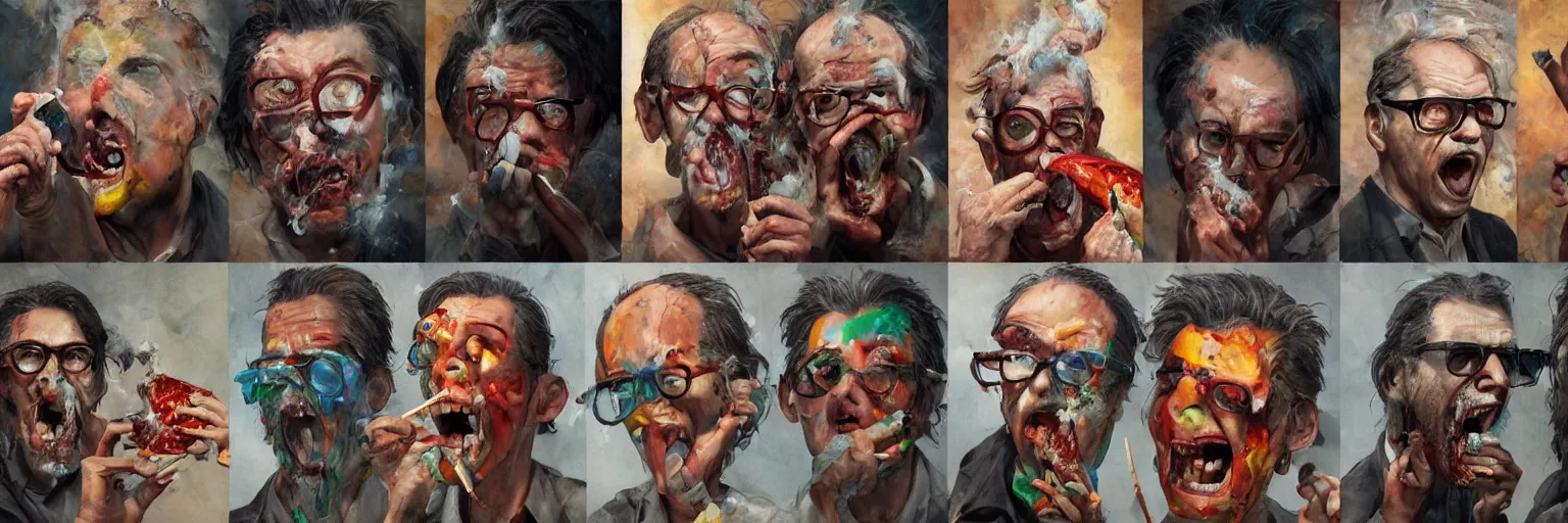 Prompt: colorful oil painting of character faces, realistic nick cave smoking pizza, screaming, melting, glasses, disturbed, character sheet, fine details, concept design, contrast, kim jung gi, greg rutkowski and da vinci, 8 k, emotional, face turnaround 3 6 0, front view, back view, side view, ultra wide angle