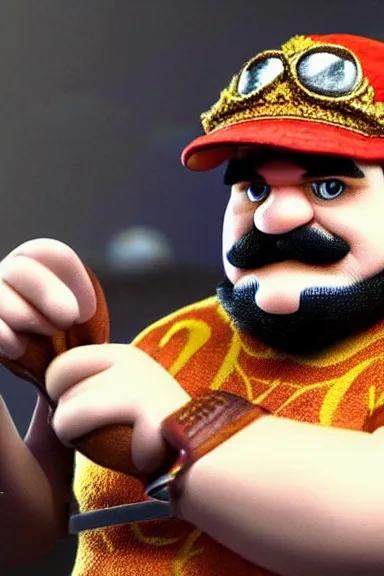 Image similar to very very intricate photorealistic photo of wario wearing his hat in an episode of game of thrones, photo is in focus with detailed atmospheric lighting, award - winning details