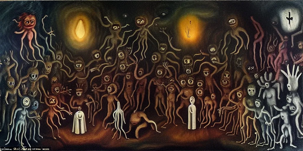 Prompt: repressed emotion creatures and monsters at the mouth of hell, dramatic lighting glow from giant fire, attempting to escape and start a revolution, in a dark surreal painting by leonora carrington