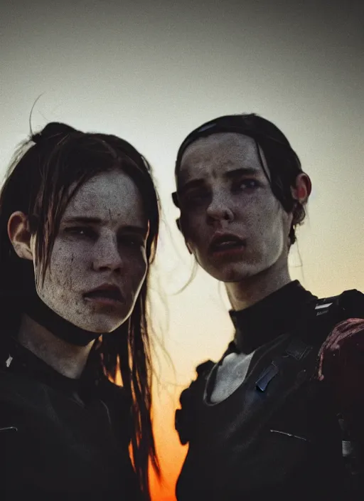 Prompt: cinestill 5 0 d photographic portrait of two loving female androids wearing rugged black techwear on a desolate plain with a red sky in front of a brutalist dark metal building, extreme closeup, cyberpunk style, dust storm, 8 k, hd, high resolution, 3 5 mm, f / 3 2, ultra realistic faces, ex machina