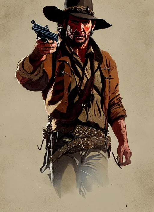 Image similar to highly detailed portrait of indiana jones red dead redemption art, unreal engine, fantasy art by greg rutkowski