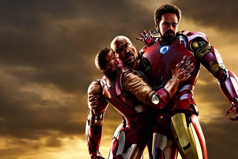 Image similar to full shot photograph of jesus christ being carried by iron man on doomsday, photorealistic, cinematic lighting, extremely detailed, marvel cinematic universe