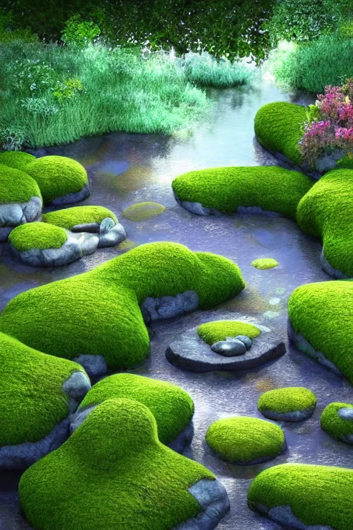 Prompt: hyper realistic render of a heavenly garden of peace, eden filled with trees, stone slab, colourful flowers, moss, ferns, a girl meditating at a distance, small stream or puddles, birds, trending on artstation, volumetric lighting, hyper realistic, hyper detailed, high quality render, blender guru,