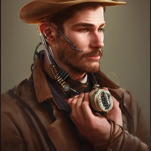 Image similar to vintage portrait of a western steampunk male, highly detailed, digital painting, art by Stanley Lau and Artgerm and magali villeneuve and Alphonse Mucha, artstation, octane render, cgsociety