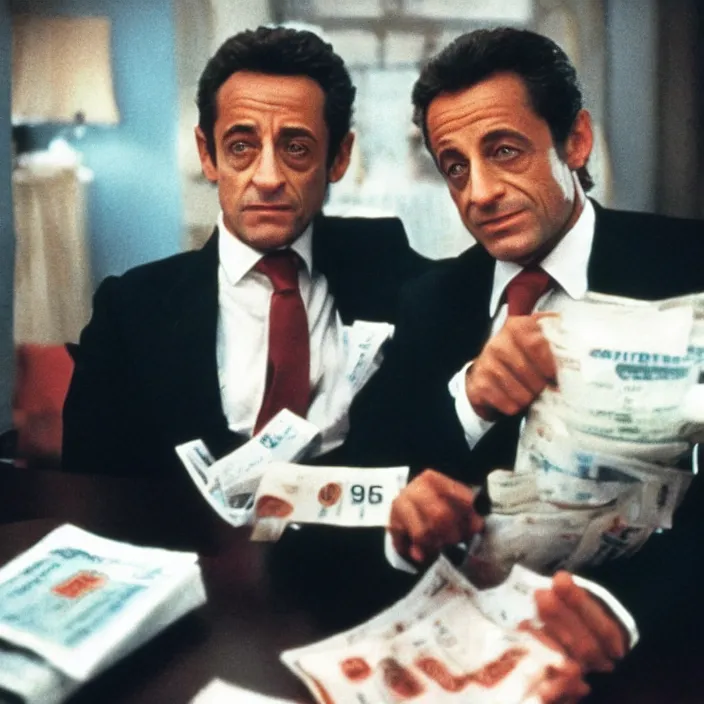 Prompt: movie still of one Nicolas Sarkozy with cocaine and bank notes in Scarface, cinestill 800t 18mm heavy grain, 70s movie