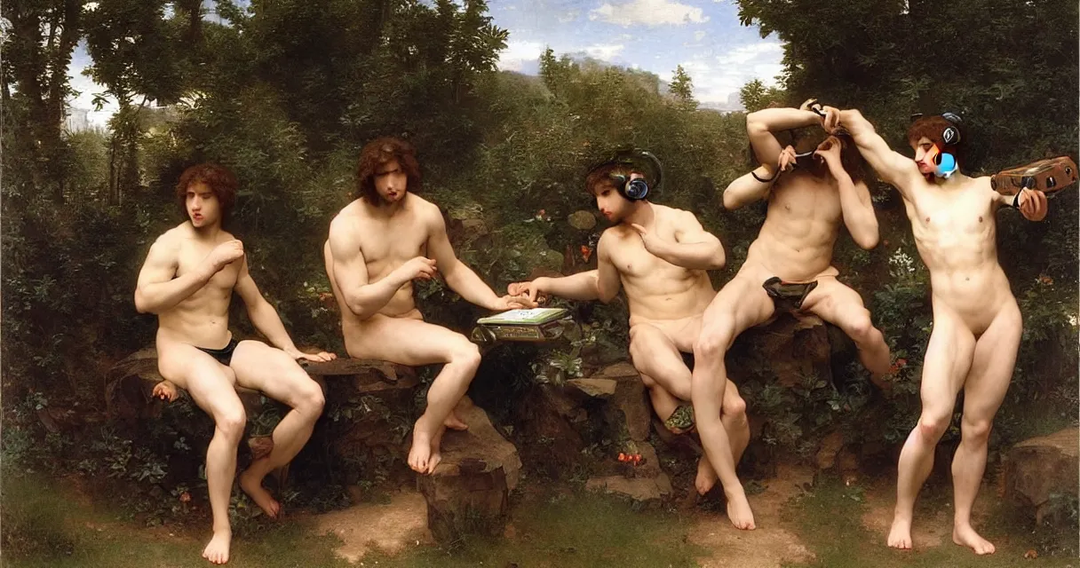 Image similar to pre-Raphaelite male muscular athletic gamers wearing headsets and playing video-games on laptops playstation5 x-box and PC by Bouguereau and raphael