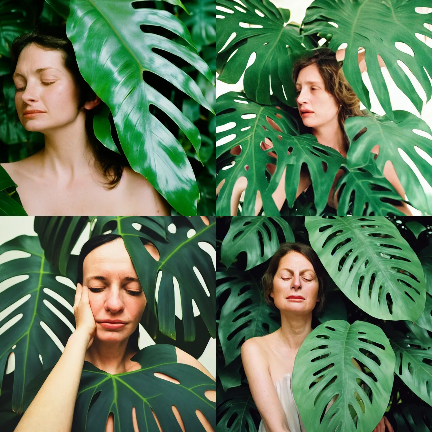 Prompt: An analog head and shoulder face photography of a woman behind big Monstera leaves by Annie Leibovitz. closed eyes. Kodak Portra 800 film. Depth of field. whirl bokeh. Sunshine. detailed. hq. realistic. warm light. muted colors. Moody. Filmic. Dreamy. lens flare. Leica M9, f/1.2, symmetrical balance, in-frame