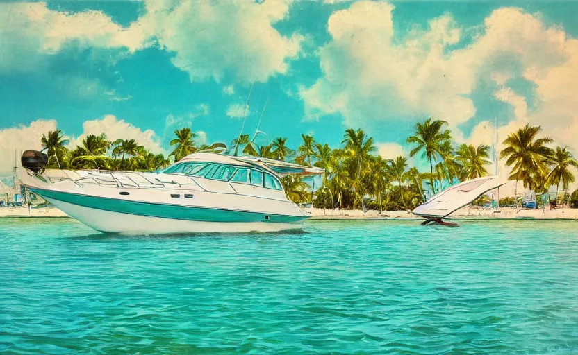 Prompt: photorealistic picture of a sport boat. turquoise water. miami. 8 0's style