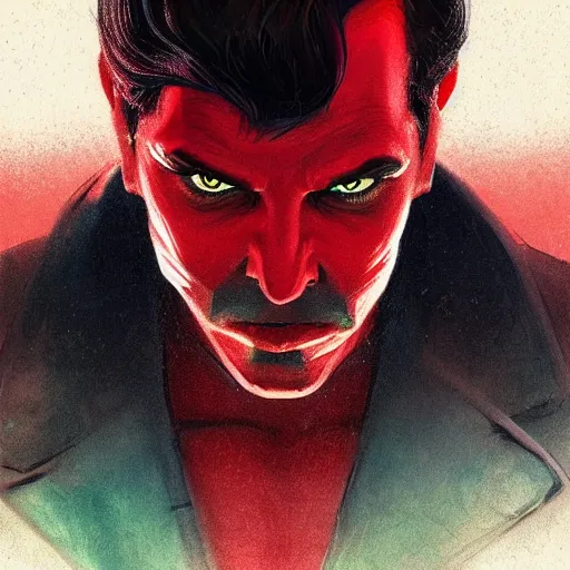 Prompt: portrait of a confident skinny dark haired man with a scar across his left eye wearing a red suit as an evil crime boss, high detail, concept art, neon color, vivid color, floating particles, glowing green eyes, background by john harris + roger dean, artwork by charlie bowater + artgerm + anato finnstark