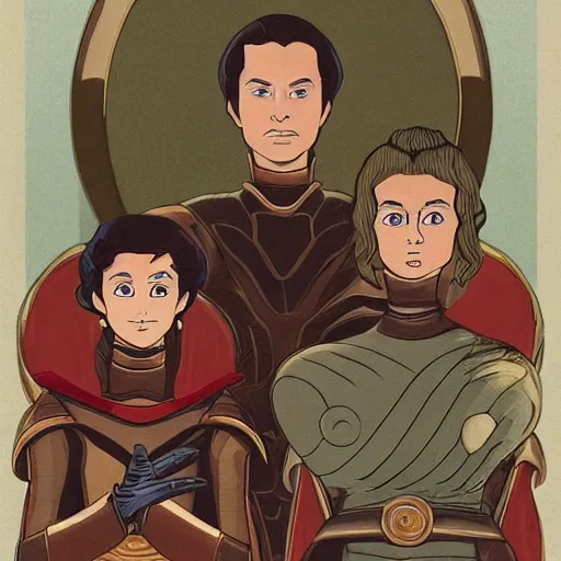 Image similar to family portrait of duke leto atreides, lady jessica and paul atreides, dune, futuristic palace, aristocratic, space opera, in the style of yamato - e, tosa school, tosa mitsuoki, iwasa matabei, awataguchi takamitsu.