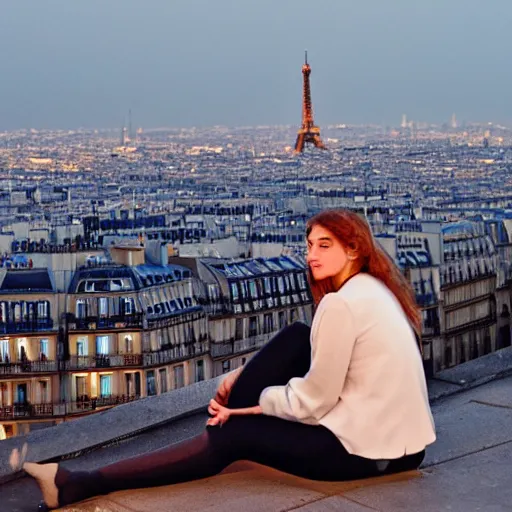 Prompt: a young edwardian woman sits in a window overlooking paris with the eiffel tower visible in the background, the moon is behind the eiffel tower, it's nighttime