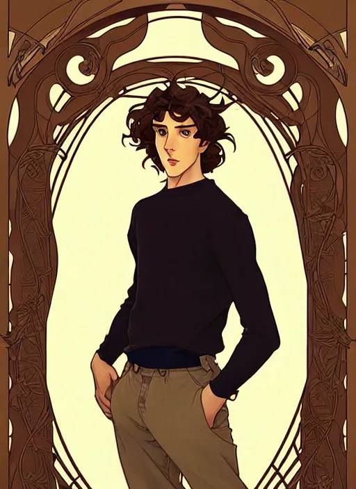 Image similar to art nouveau portrait of a handsome young man with medium length big mess of curly light brown hair, brown eyes, aloof, serious expression, t - shirt, modern casual clothing, natural lighting, path traced, highly detailed, high quality, cartoon, digital painting, by don bluth and ross tran and studio ghibli and alphonse mucha