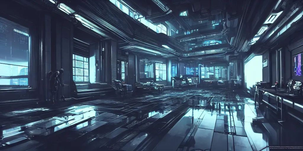 Image similar to ultra detailed photorealistic cyberpunk interior, cinematic light, sci fi, glossy, cybernetic machines, wires, office, robotics, futuristic decor, trending on artstation, global illumination, ultra realistic illustration, matte painting, high detailed, unreal engine, octane render, 4 k, hd, high quality