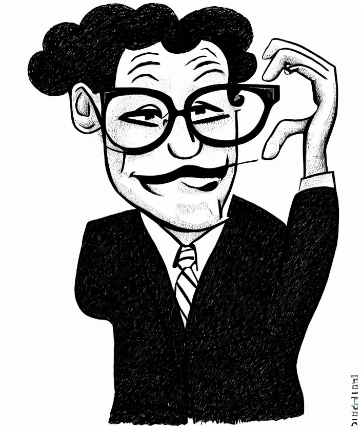 Prompt: man with glasses, dark short curly hair smiling, illustration in the style of william steig