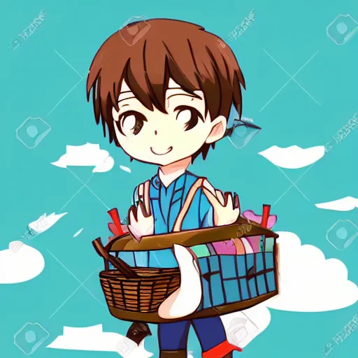 Image similar to a cute anime style boy holding basket on his shoulder, full body ,chibi ,kawaii, hyperreal