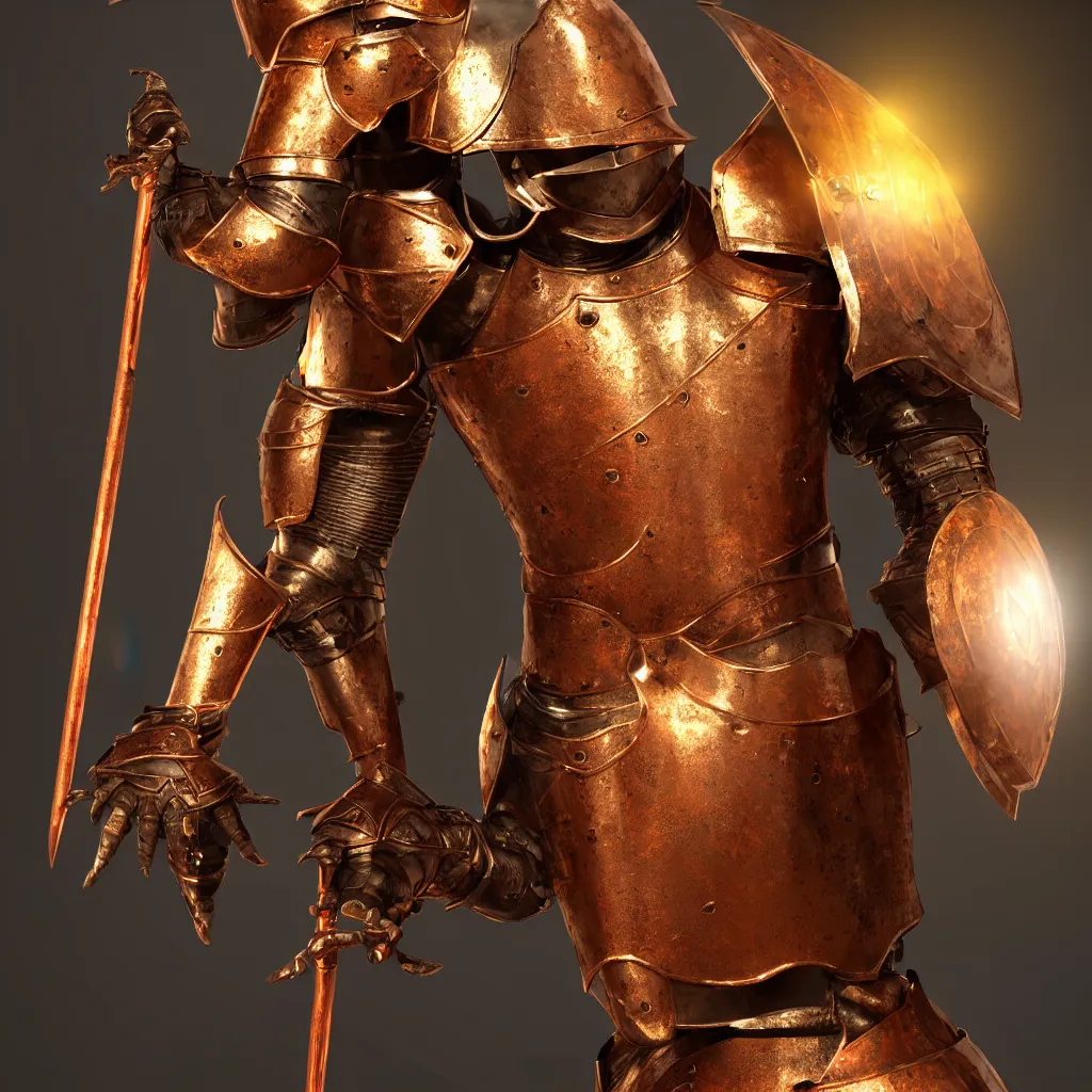 Prompt: of a 3 d rendering realistic illustration of a knight character that has a helmet that is made of copper and gold, beautiful sculpted details, cinematic lighting, this knight is a war lord who roamed the fields in many battles, there is a faint red aura to him displaying a lot of power, volumetric lighting