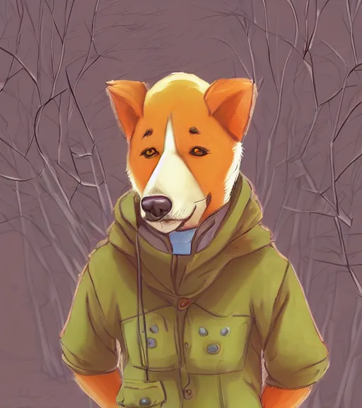 Image similar to close up character portrait icon of the anthro anthropomorphic very cute jindo dog trader head animal person fursona wearing clothes standing in the bright forest, hidari, color page, tankoban, 4 k, tone mapping, akihiko yoshida