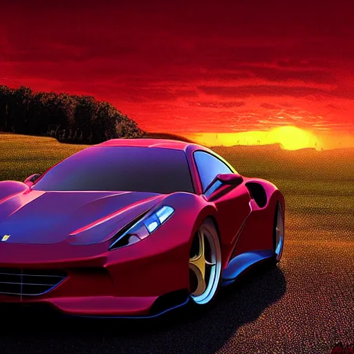 Image similar to cinematic fast sportscar reminiscent of ferrari and porsche in a lush field, shiny, red, beautiful lighting, photorealistic, sharp, sunset, by artgerm