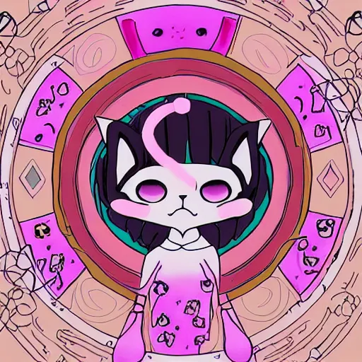 Image similar to digital card art of anime (cat) girl with cat ears surrounded by magic circles. Pink hue. Highly detailed. Beautiful