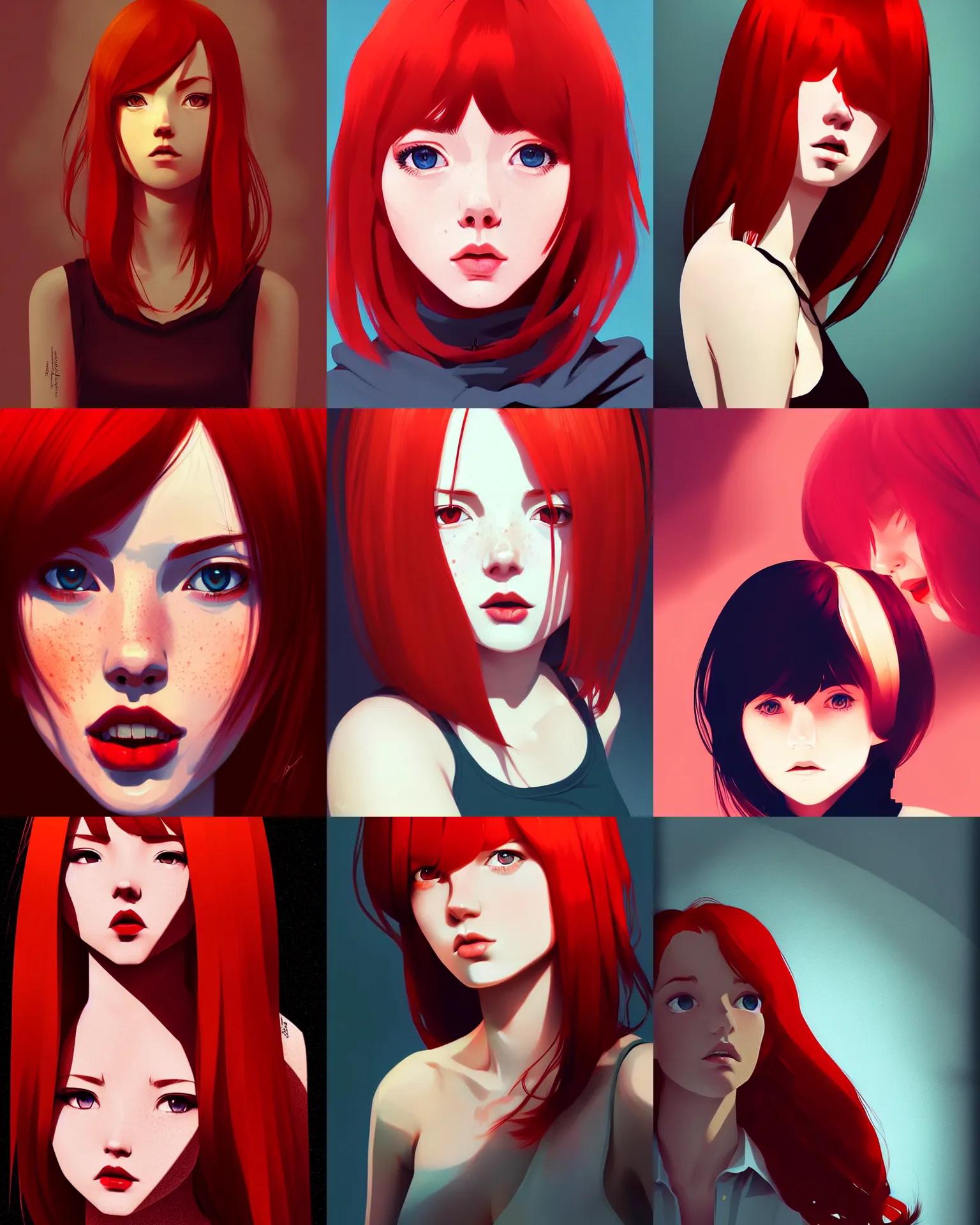 Prompt: an adorable!!!! woman with red hair and freckles by ilya kuvshinov, digital art, dramatic lighting, dramatic angle