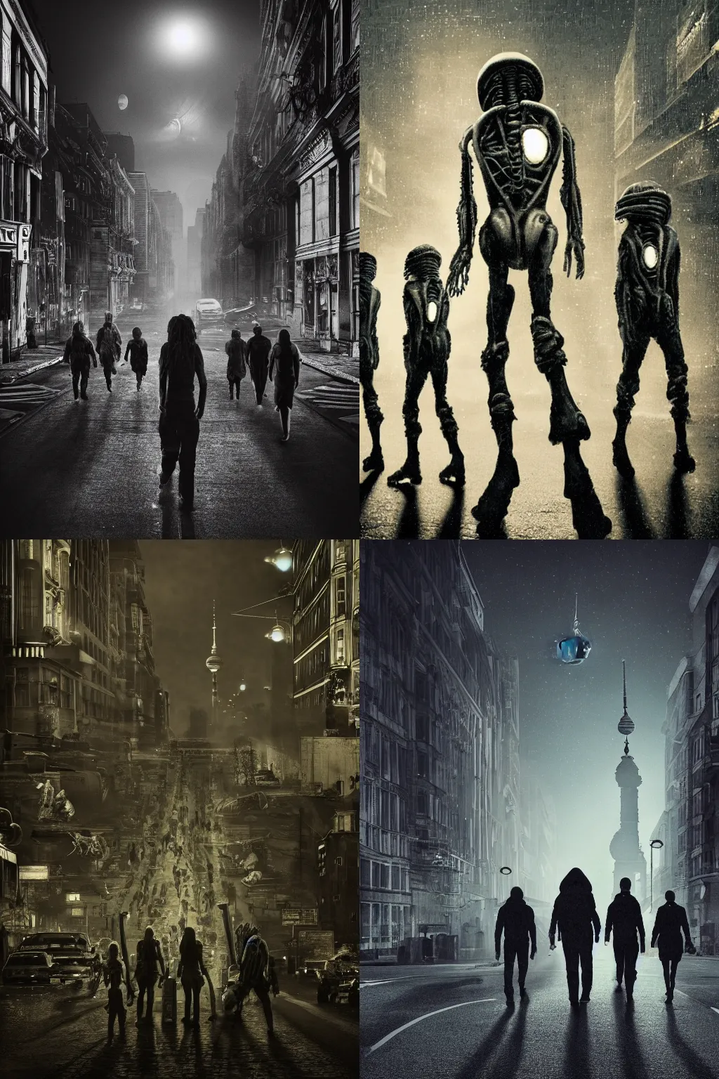 Prompt: Aliens walking on a street in Berlin, dark atmosphere, detailed, cinematic, highly detailed, golden ratio, 8k,