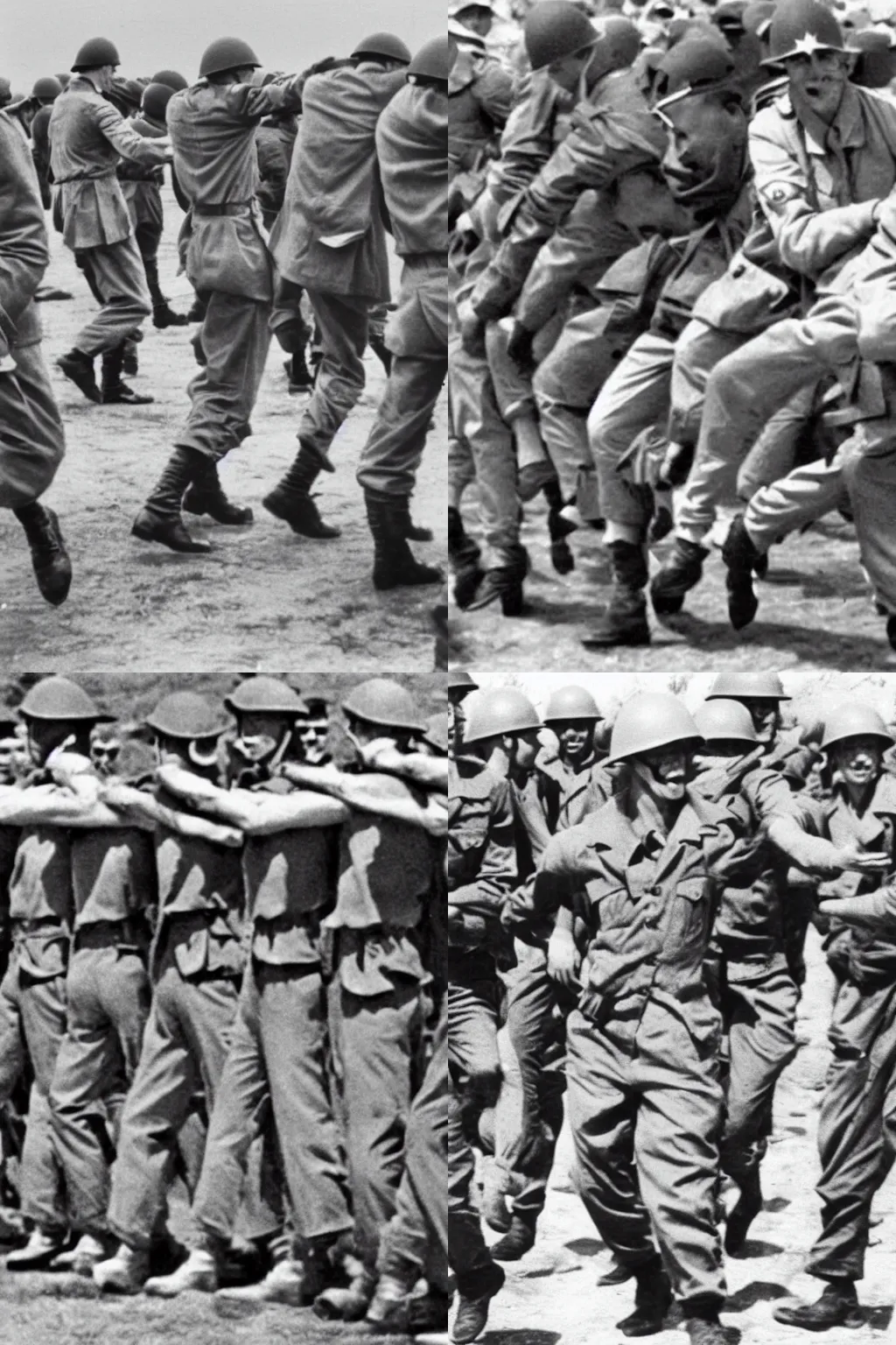 Prompt: old footage of WWII soldiers in a conga line having fun