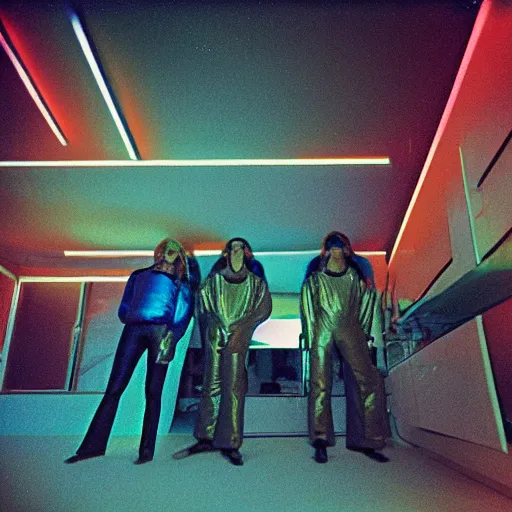 Image similar to first-person perspective closeup view of three people wearing shiny skiwear having a party inside of a 1970s luxury bungalow with a rectangular infinity mirror on the wall, at dusk, ektachrome photograph, f8 aperture